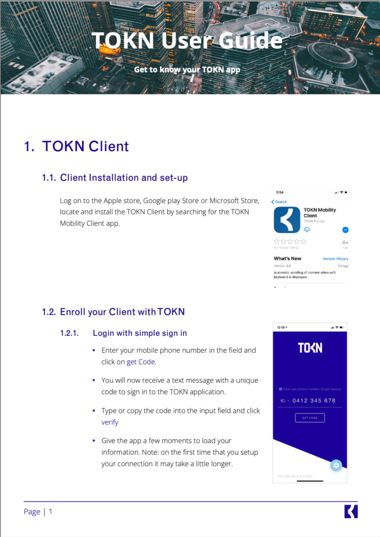 A cover page of the TOKN Technology's App User Guide document.